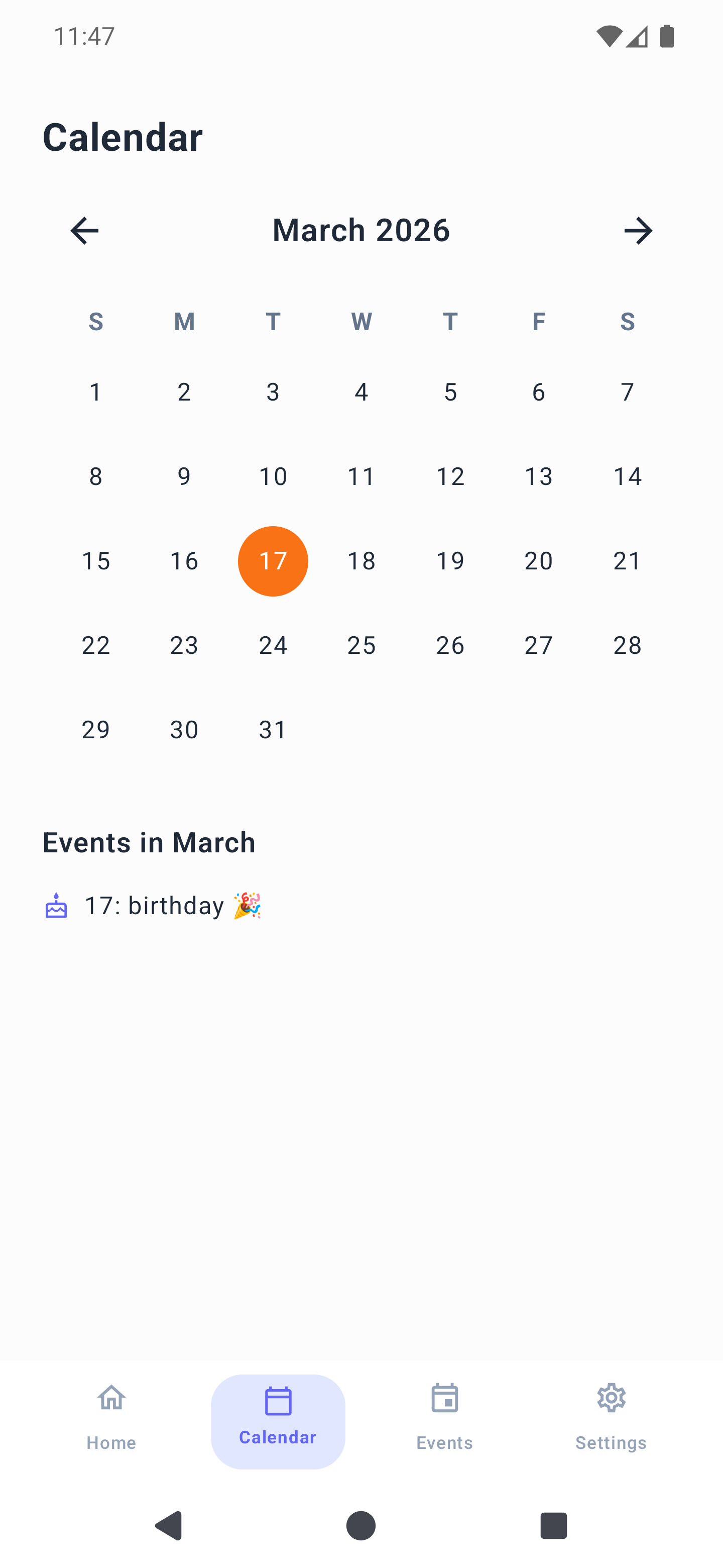 Calendar Screen